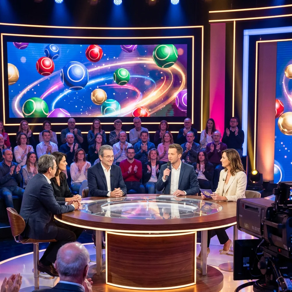 Jean-Didier as a panelist on a TV talk show with a EuroMillions draw on the big screen